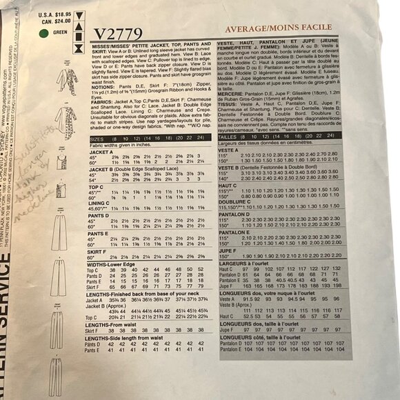 Vogue Wardrobe Misses Petite Jacket Top Pants Dress Sewing Pattern V2779 Sizes 1 - Picture 2 of 2